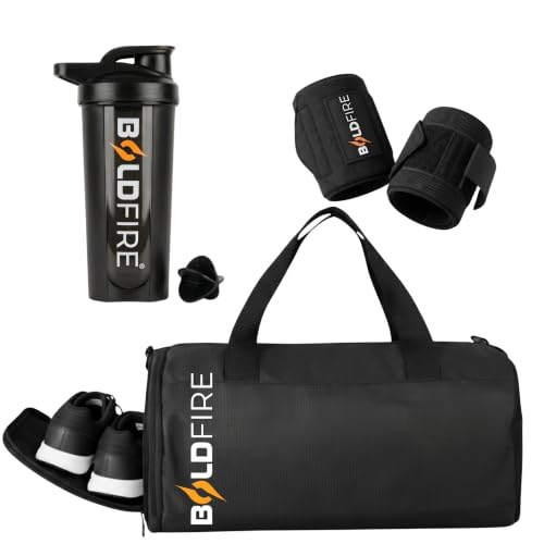 BOLDFIRE Gym Accessories Combo with Gym Bag, Protein Shaker & Wrist Straps for Men & Women, Shoe Compartment, Black