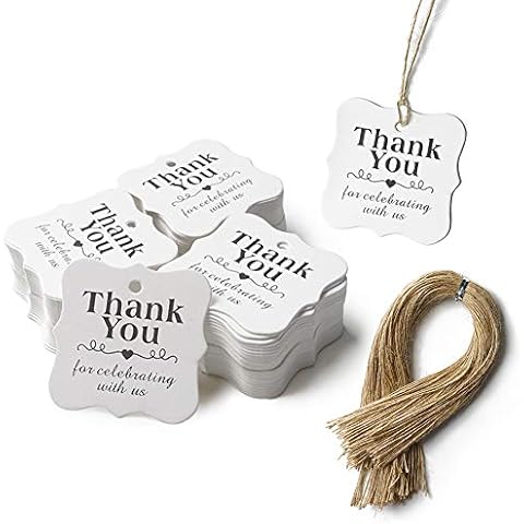 SallyFashion 150 PCS Thank You Gift Tags, White Gift Tags with String Paper Gift Tags for Weddings, Bridal and Baby Showers Birthdays, 2"x2" Cover