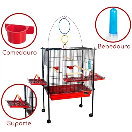 Gaiola Viveiro Para Aves Calopsita Triplex Cor Preto e Vermelho Jel Plast Pet Piu