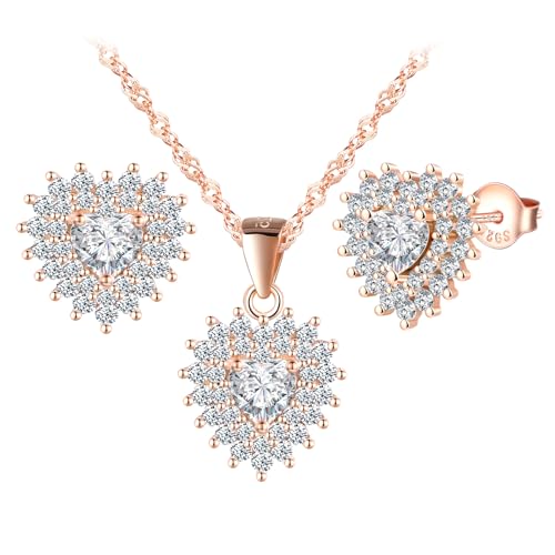 MicLee Collares colgantes y pendientes de corazón para mujer: Juegos de joyas de plata 925 - Pendientes y collar de estilo corazón con circonitas - Joyas de boda elegantes - Joyas de fiesta oro rosa