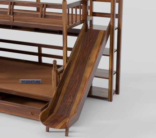 Image of Wudniture Solid Sheesham Wood Bunk Bed with Slide and Storage for Kids and Adults (Teak Finish)