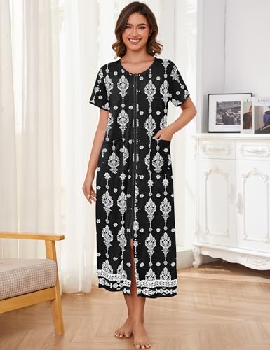 Image of Bloggerlove Zipper Front Robes for Women House Coat Half Sleeve Loungewear Long Nightgown with Pockets S-3XL
