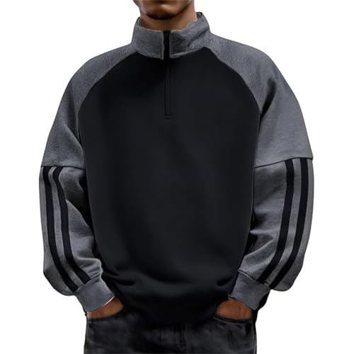 Image of Generisch Pullover Men's Sweatshirt Men's Jumper Sweater Jumper Men's Spring Loose Colour Block Stand-Up Collar Long Sleeve Top Half Zip Hoodie, black, M