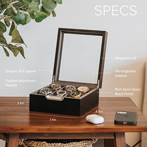 CASE ELEGANCE Watch Box Modern 2x3 Black Finish with Custom Aluminum Handle 6-Slot with Real Glass