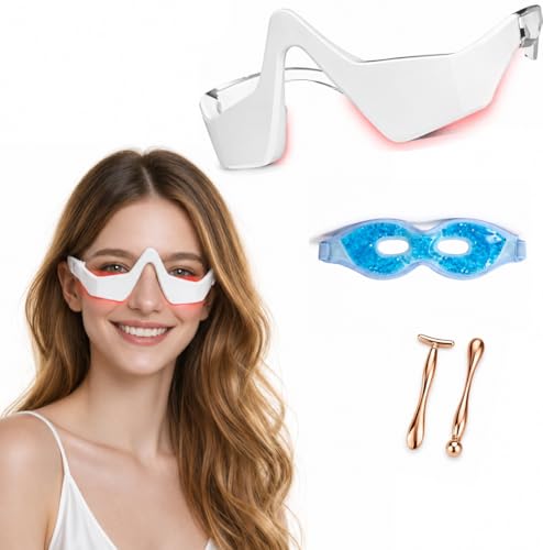 LED Red Light Eye Mask & Eye Massager for Under Eye Care Beauty Device for Puffiness & Dark Circles Eye Care Glasses Bundle with Scalp Massager & Cooling Rinse Cup
