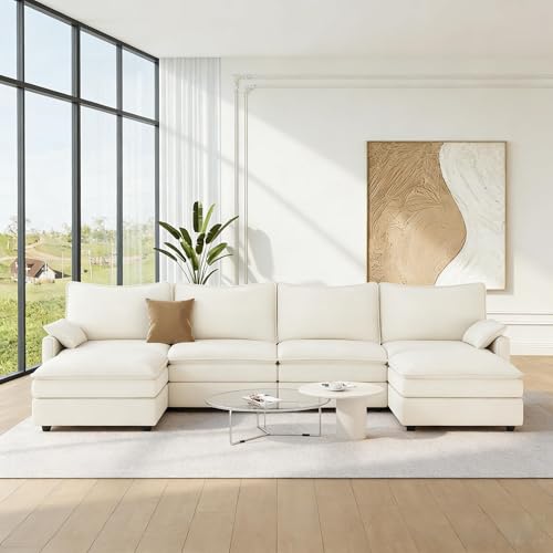 Image of Vesgantti 142 inch U Shaped Sectional Couch, Comfy Cloud Modular Sectional Sofa with 2 Ottoman Deep Seat Chenille Modern Cloud Sofa, Modular Sofas for Living Room, Bedroom and Apartment, Snow White