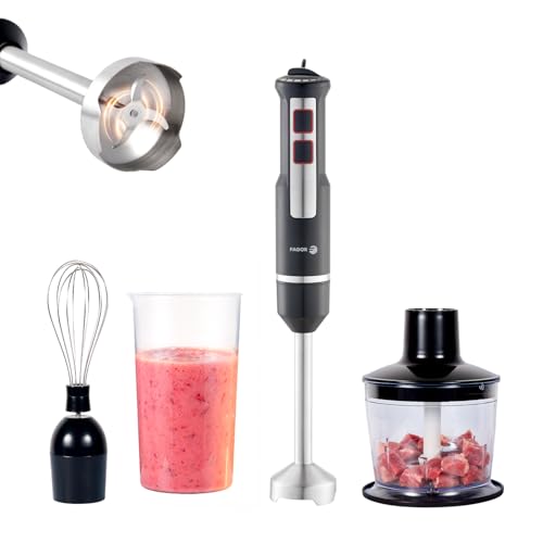 Batidora de Mano 1000W 3 en 1 con Picadora, Varilla y Vaso 600ml, Minipimer Potente de Acero Inoxidable, Velocidad Regulable + Turbo, para Cremas, Batidos y Salsas, FAGOR Divamix Innox