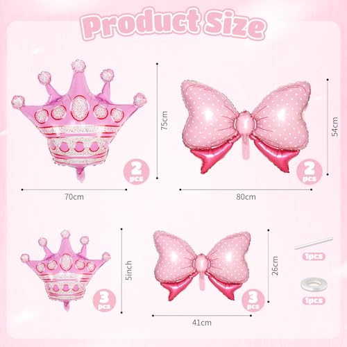Image of 10pcs Pink Crown Balloons And Pink Bow Balloon, Light Bows Balloons, Large Pastel Crown Foil Balloon With Two Sizes For Birthday Baby Shower Theme Party Wedding Bridal Shower Decoration