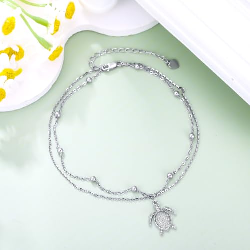 Image of Diamond Turtle Anklet for Women 925 Sterling Silver Turtle Layered Anklets with Lab Grown Diamonds Jewelry Gifts