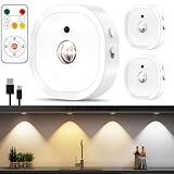Puck Lights with Remote, Rechargeable Battery Touch Push Lights, 3 Colors Led Under Cabinet Lighting, 1500mAh Wireless Tap Light, Stick on Closet Light for Kitchen, Pantry, Shelves (White 3 Pack)