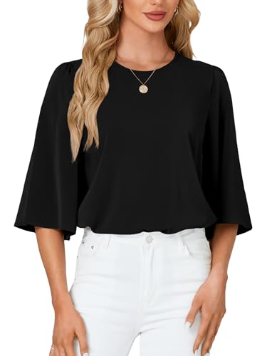 Rooscier Women's Dressy 3/4 Sleeve Tops for Women Crewneck Business Casual Loose Blouse Shirt