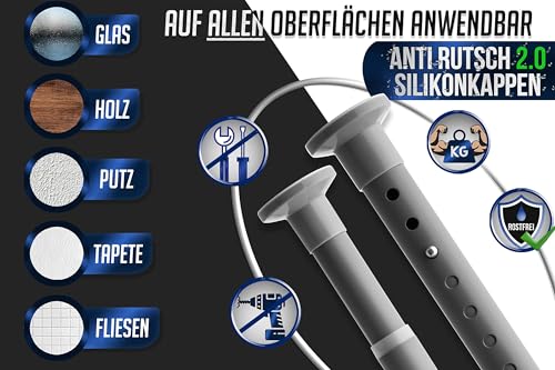 MEISENBERG Gardinenstange ohne Bohren 160-210cm, Grau, Ø25mm - Klemmstange – Ansicht 4