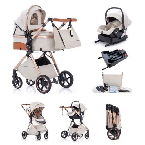 Kakbgee Trio Poussette 3 en 1 avec Siège Auto, avec base ISOFIX, Landau Bébé Pliable, 7 Positions Poignée, Housse Pluie, Moustiquaire, Système de Voyage pour Nouveau-Nés 0-3 Ans (15kg),Beige