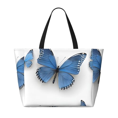 (Blue Butterfly On Blossom Flower) Large Beach Tote Bag for Women Waterproof Sandproof Travel Shoulder Bag with Pocket for Pool Vacation Weekend Gym2