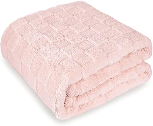 BOPRIO Throw Blanket Fuzzy Plaid Blanket for Sofa Couch or Bed, Queen Size 330GSM Luxury Fleece Soft Warm Blanket for All Seasons, 60 x 90 Inch Pink