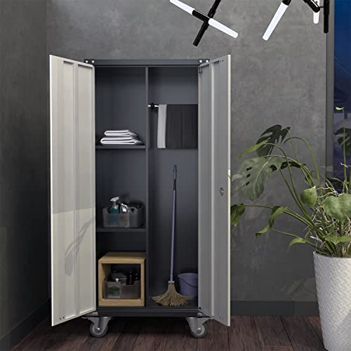 Suxxan Tall Metal Cleaning Tools Storage Cabinet With Wheeled Multipurpose/Hanging Rod/Shelves/Lockable #TOP3