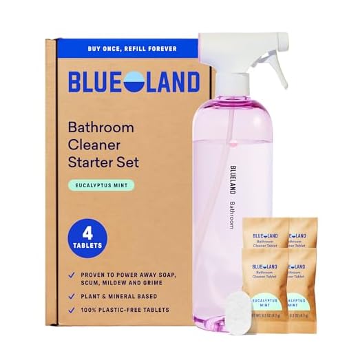 BLUELAND Bathroom Cleaning Spray Bottle with 4 Refill Tablets | Eco Friendly Products & Cleaning Supplies - Eucalyptus Mint Scent | Makes 4 x 24 Fl oz bottles (96 Fl oz total)