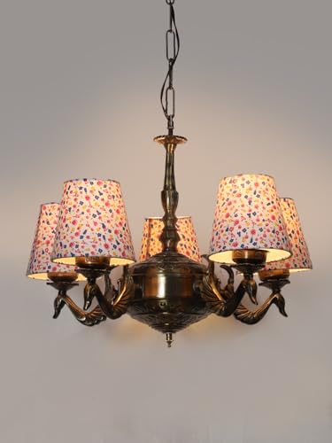 Image of Devansh 05-Light Printed Conical Multicolor Cotton Shade Chandelier - Antique Golden Finish | Adjustable Cord | Warm Glow Lamp - Ceiling Light for Living Room, Dining Area, BedroomDecor - D3