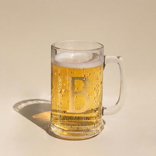 COLLECTIVE HOME Personalized Monogram Beer Mug - 14oz Glass Stein with Gilded Accents, Ready-to-Gift in Designer Box, Premium Gift Box for Men, Birthday or Father's Day (B)