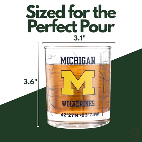 Image of Greenline Goods University of Michigan Wolverines Whiskey Glasses Set of 2, 10 oz Rocks Glasses with Full-Color Logo & Campus Map - Officially Licensed Bourbon Glass Gift for Alumni & Fans