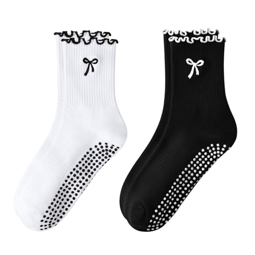 FIYIGO Pilates Yoga Grip Socks for Women, Bow-Patterned Ruffled Crew Socks Ideal for Fitness, Ballet...
