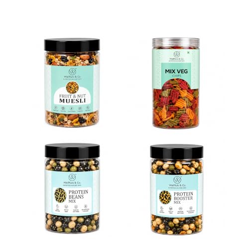 Image of WellNuts & Co. Healthy Snack Combo Pack of 4 |Fruit Nut Meusli - 200g, Mix Veg Chips - 150g, Protein Beans - 200g, Protein Booster - 200g| Roasted & Ready to Eat Snacks | High Protein & High Fiber Combo | Snacks for Healthy Everyday