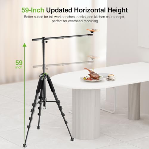 Image of elitehood Magnetic Overhead Tripod for iPhone with 25in Long Extendable Arm, 59in Horizontal Tall Phone Tripod for Video Recording, 360 Swivel Tilt Overhead iPhone Stand Holder for Filming Recording