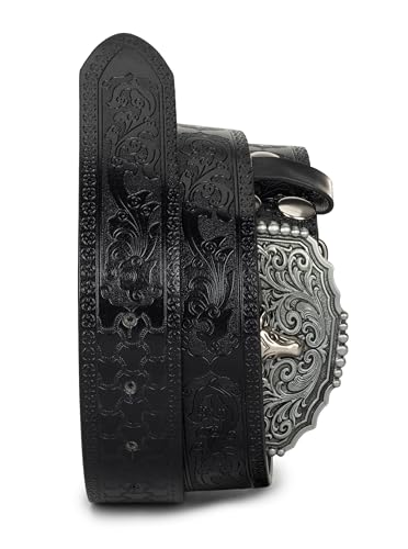 Image of Men's-Western-Leather-Belts Cowboy-Longhorn-Bull-Head-Buckle-Belt Floral-Engraved Waistband for Women