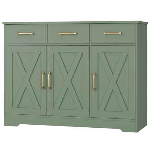 HOSTACK Modern Farmhouse Buffet Sideboard Cabinet Barn Doors Storage Cabinet with Drawers and Shelves Wood Coffee Bar with Storage for Dining Room Kitchen Living Room Green
