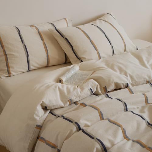 MOTNTD Striped Duvet Cover Full Cotton Linen Beige Comforter Cover Full Size Cute Cream Boho Zipper Duvet Cover Set with 2 Pillow Cases Cozy Farmhouse Bedding Set Jacquard Duvet Protector by MOTNTD - Used condition - Image 5