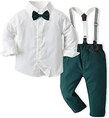 HIMEAN Baby Toddler Boys Gentleman Outfits Long Sleeve Bowtie Dress Shirts + Suspender Pants Suits Clothes Sets(Green, 110/3-4T)