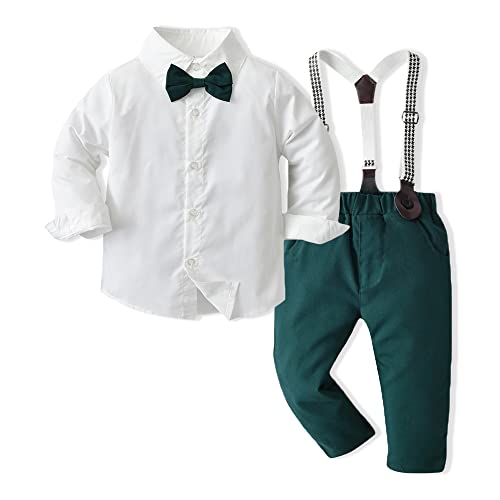 Himean Baby Toddler Boys Gentleman Outfits Long Sleeve Bowtie Dress Shirts + Suspender Pants Suits Clothes Sets(Green, 110/3-4T) #TOP2