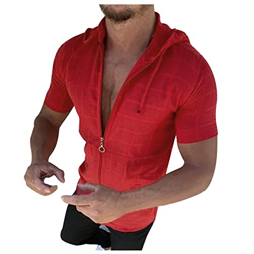 Men's Slim Fit Short Sleeve Hoodies Summer Full Zip Swiss Dot Drawstring Hooded Cardigan Tops Casual Beach T Shirts