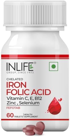 INLIFE Iron Folic Acid, Chelated Ferrous Bisglycinate, 60 Tablets