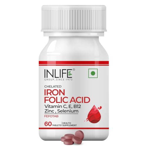 INLIFE Chelated Iron Tablets For Women and Men | Ferrous Bisglycinate Supplement with Folic Acid, Vitamin B12, Zinc, Vitamin C & E, Selenium | Hemoglobin Nutrition - 60 Tablets (Pack of 1)