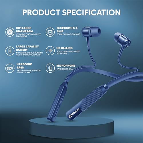 Image of NITRAMAX Bluetooth 5.4 Neckband Earphones, Blue, 20 Hour Playtime, HD Calling with Noise Reduction, HiFi Bass