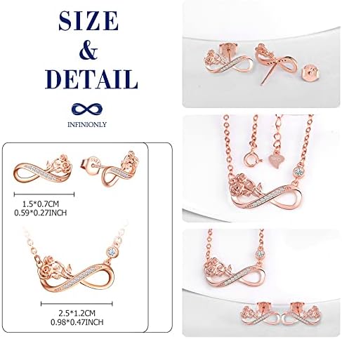 INFINIONLY Bijoux Infini Chat – Collier + Boucles D’Oreilles Argent 925 Plaqué Or Rose, Zircon Scintillant, Design Mignon Féminin