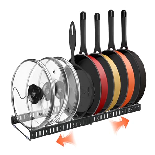 Pots and Pans Organizer Rack for Cabinet and Countertop Expandable Pot Lid Kitchen Cabinet Organizer Holder with 10 Adjustable Compartment, for Cutting Board, Cast-Iron Pan, Heavy Cookware