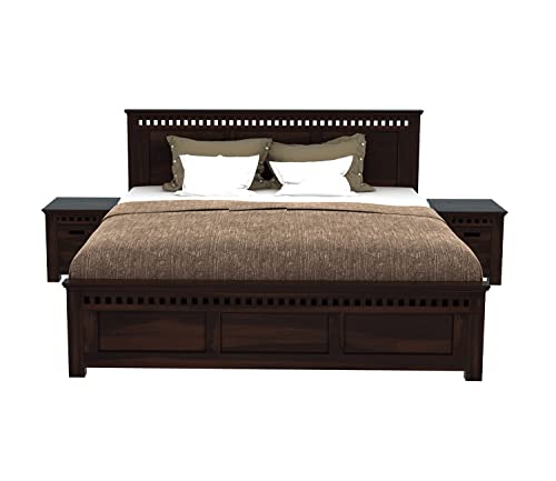 Image of Sheesham Wood King Size Bed Without Storage | Wooden Bed King Size Double Cot Palang Bed for Bedroom | Kuber Design Headboard Bed for Living Room | Walnut Finish