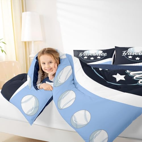 Image of Feelyou Kids Baseball Comforter Set King Size Blue White Baseball Game Bedding Set for Boys Girls Sport Theme Duvet Set Softball Lover Quilt Set 2Pcs