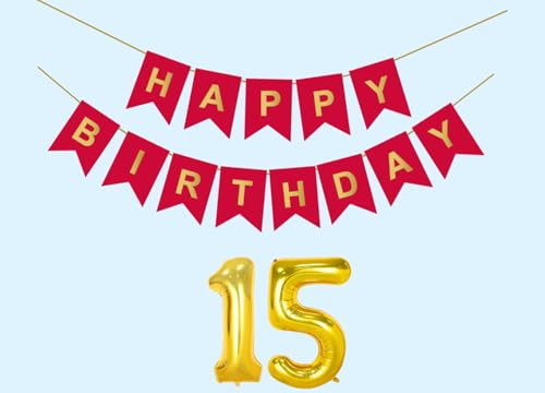 Image of 15th Happy Birthday Decoration Kit Red for 15 year Old Boys Girls Teenage with Number Fifteen Party Decorations Decor Celebration Items Item Set Combo Reusable Paper Banner
