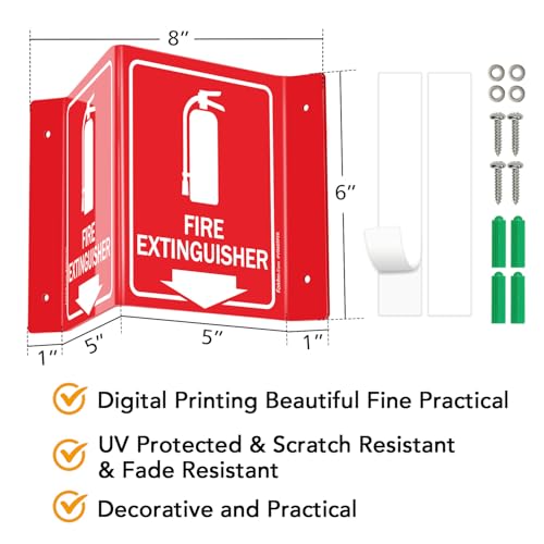 Faittoo Fire Extinguisher Sign, Fire Extinguisher with Down Arrow - 5 Pack 6 x 8 Inches V-Shaped Acrylic Plastic, 4 Pre-Drilled Holes, Includes Matching Screws, Use for Home Office/Business