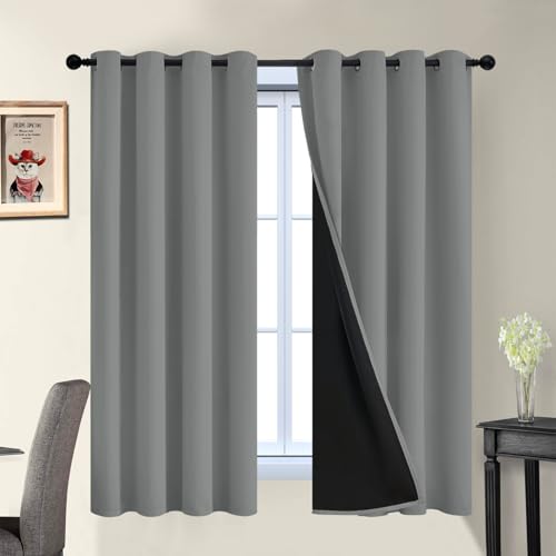 Image of Yakamok Dove Grey 100% Blackout Curtains 63 Inches Long 52 inch Wide 2 Panel | Blackout Curtain Panels for Bedroom, 2 Thick Layers Grommet Top Thermal Insulated Drapes with Black Liner for Living Room