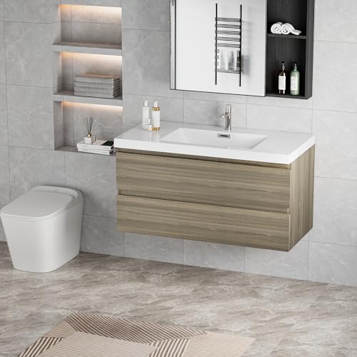 Image of KEIKI 42'' Wall-Mounted Bathroom Vanity with Sink - Floating Design, 2 Soft-Close Drawers & Resin Basin, Space-Saving for Small Bathrooms, Ash Grey