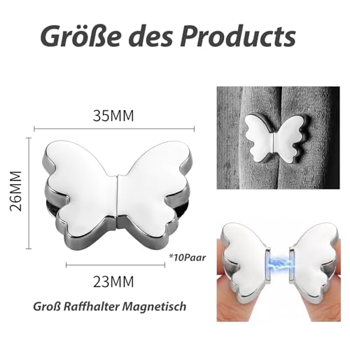 20Stück/10 Paar Magnet Verschluss Vorhang Raffhalter, Magnete für Vorhänge, Schmetterling Gardinenhalter, Raffhalter Magnetisch, Duschvorhang Magnet, für Schlafzimmer Bürovorhänge(Silber)
