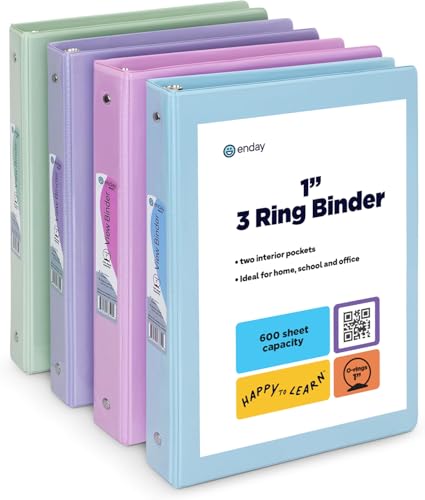 Enday 1 Inch Binder - 1 Inch 3 Ring Binder, Round Ring Pastel with Clear View Cover for Letter Size 8.5 x 11\'\' Paper & 2 Inside Pockets, for School Supplies, Office, & Home - 4 Pack
