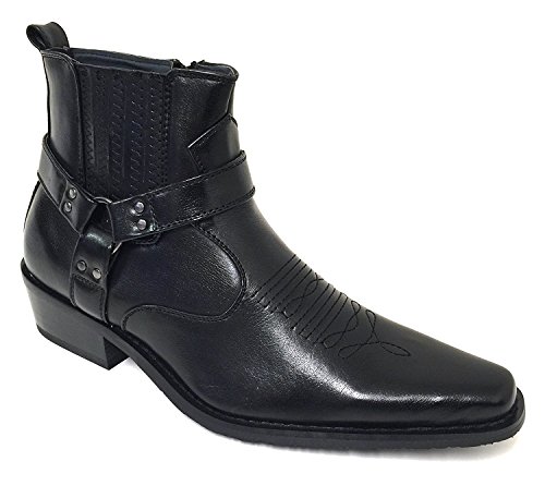 WT1J Men’s Cowboy Boots Western Ankle Harness Strap Leather Lining Elastic Gore Side