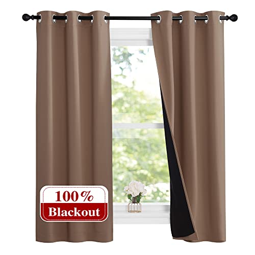 Image of NICETOWN Cappucciono Kitchen Full Blackout Short Curtain Panels, Super Thick Insulated Window Covers, Keeping Out Cold Air and Heat 100% Blackout Blinds with Black Liner (Set of 2, 37 by 63-inch)