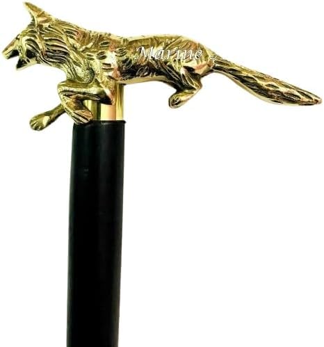 Unique Designer Brass Wolf Handle Black Wooden Walking Stick – Vintage Victorian Antique Cane – Collectible Gift for Men and Women