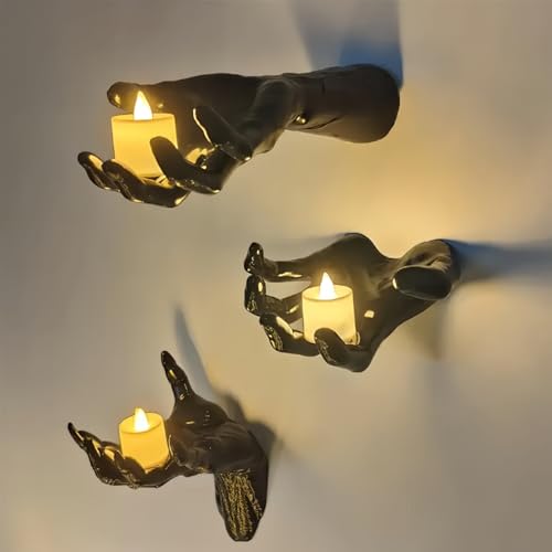 Set of 3 Wall Mounted Creepy Reaching Hands, Halloween Wall Decor, Gothic Wall Decoration Horror Hands, Black Horror Hands Candles Holder